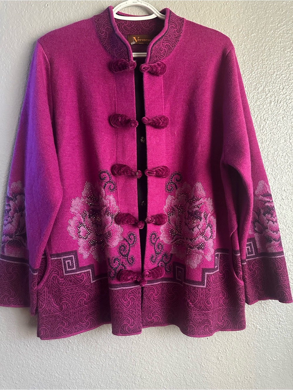 Vintage mandarin Inspired Fuchsia Floral Embroidered Cardigan Sweater wool blend